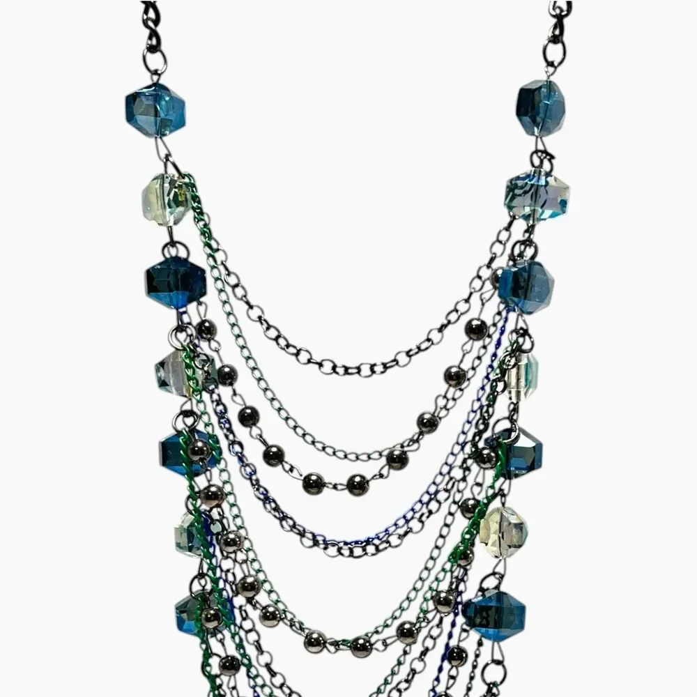 Aurora Borealis Crystal Layered Chains Necklace Chunky Beads Bib Punk Goth Sexy